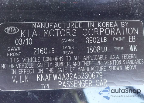 2010 Kia Forte Sx z USA, uszkodzony, nr VIN KNAFW4A32A5230679